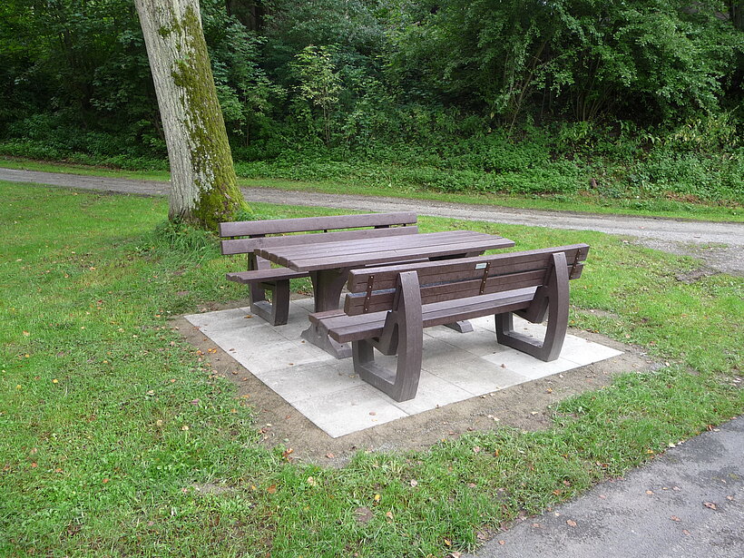 Grünfläche mit Tisch und zwei Bänken, Bäume im Hintergrund neben einem Weg