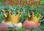 Montagefoto: zwei rote Becher mit Goldkronen inmitten von Gras, Schriftzug Obstpfad, Schriftzug unten Schleerieth